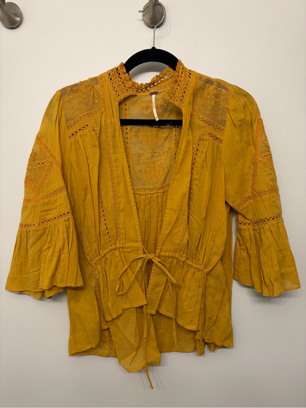 Free People Women's Mustard Yellow Tie-Front Boho Top